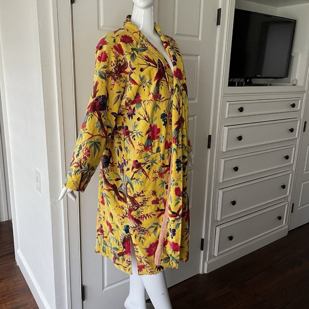 OFMD Yellow Bird Velvet Banyan Fabric Kimono Cotton Velvet Robe Long Jacket - Picture 2 of 14